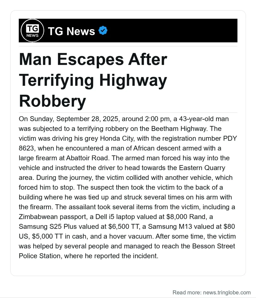 Man Escapes After Terrifying Highway Robbery