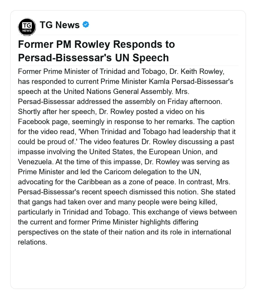 Former PM Rowley Responds to Persad-Bissessar’s UN Speech