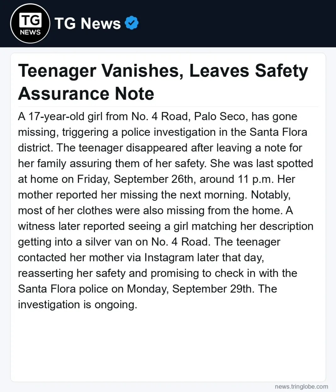 Teenager Vanishes, Leaves Safety Assurance Note