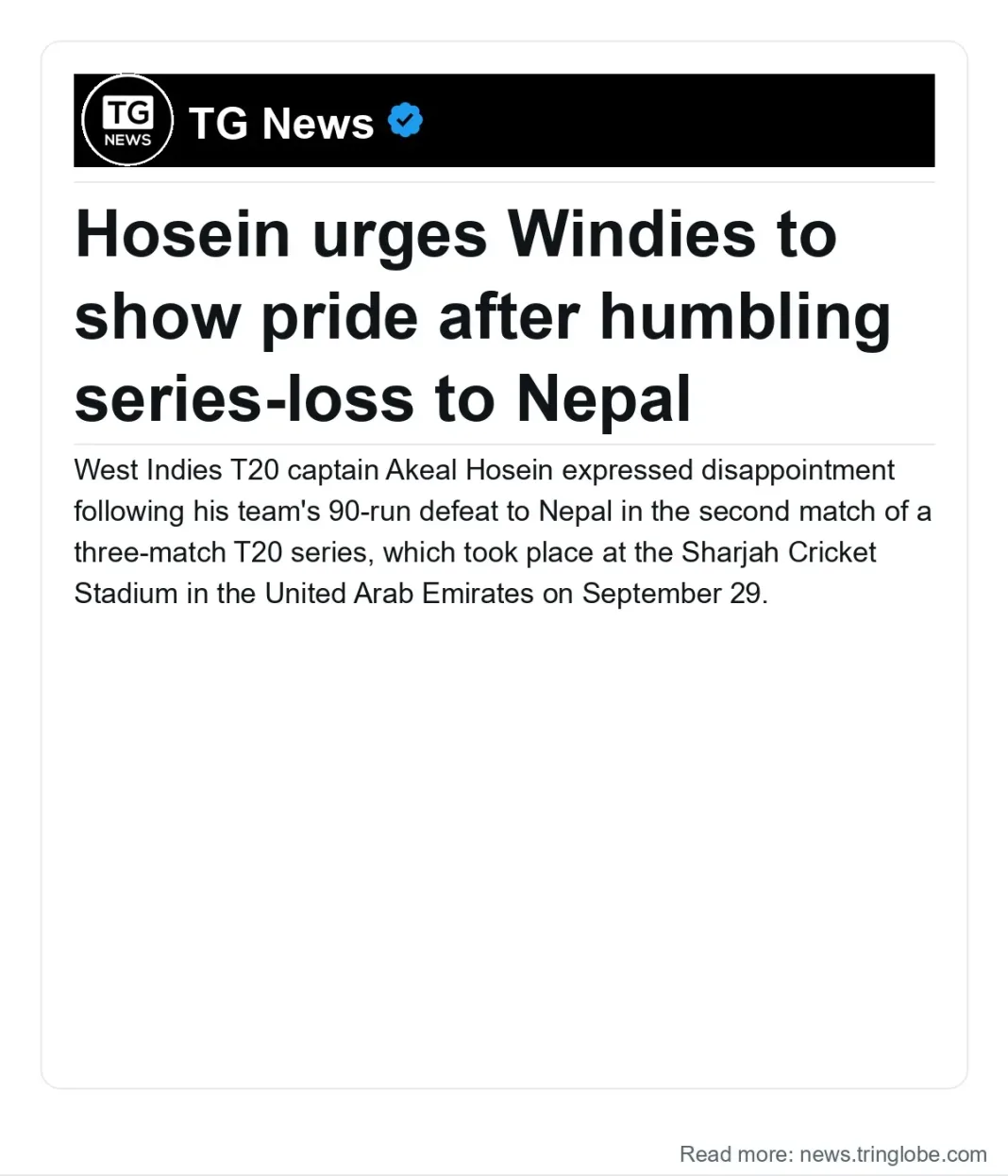 Trinidad and Tobago: Hosein urges Windies to show pride after humbling series-loss to Nepal