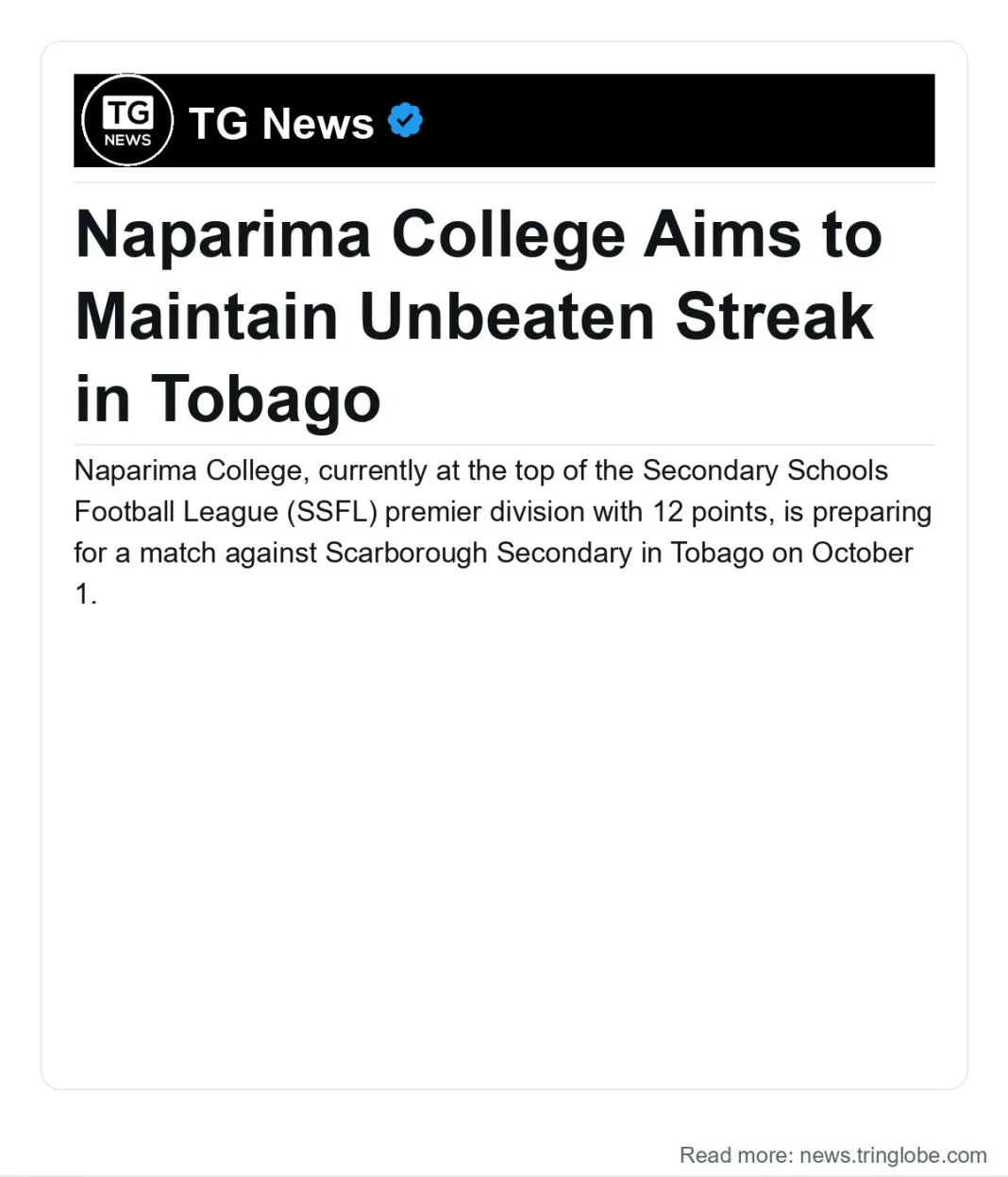 Trinidad and Tobago: Naparima College Aims to Maintain Unbeaten Streak in Tobago