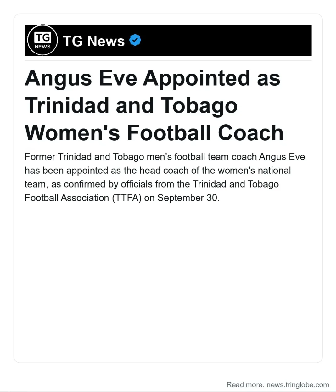 Trinidad and Tobago: Angus Eve Appointed as Trinidad and Tobago Women’s Football Coach