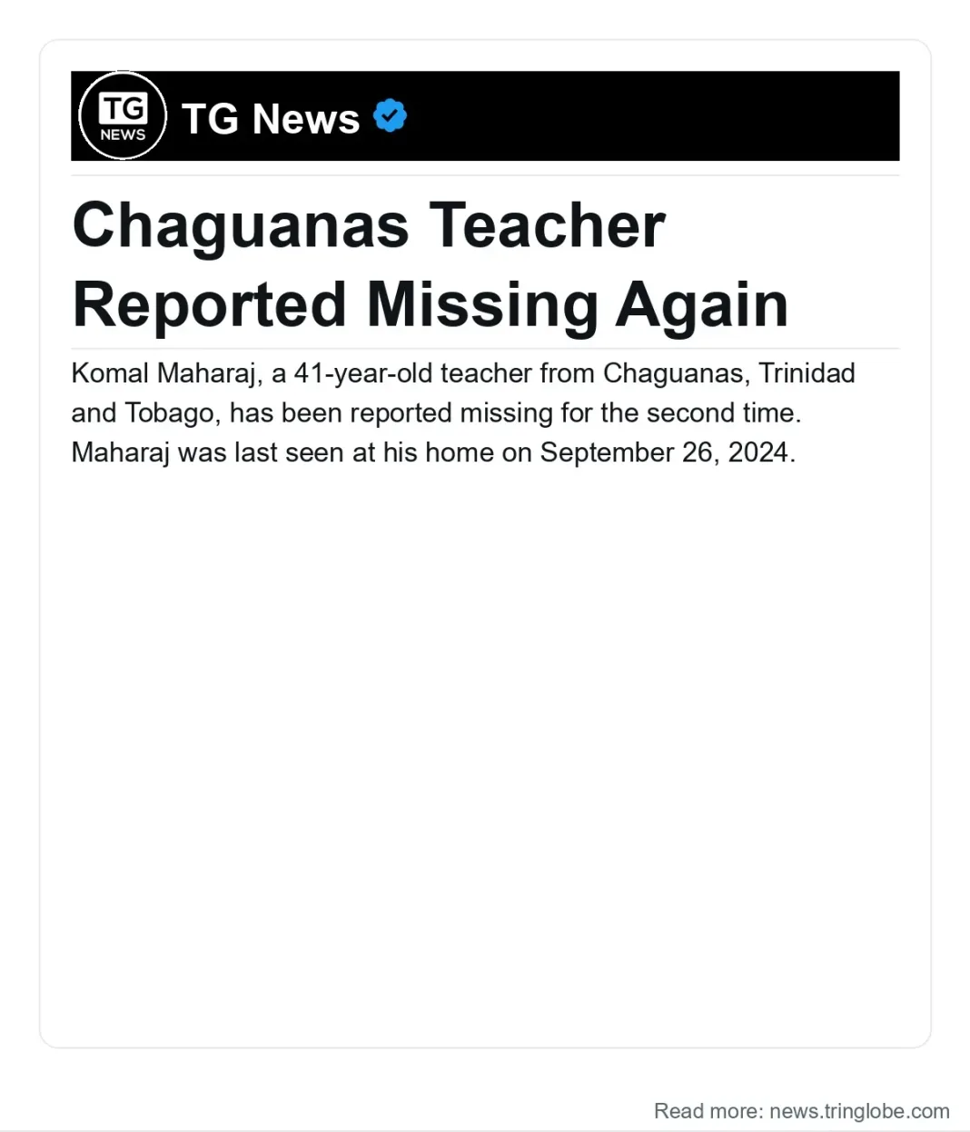 Trinidad and Tobago: Chaguanas Teacher Reported Missing Again