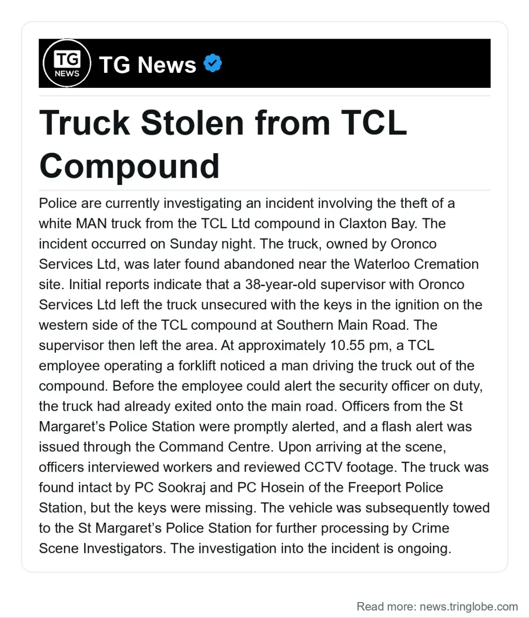 Truck Stolen from TCL Compound
