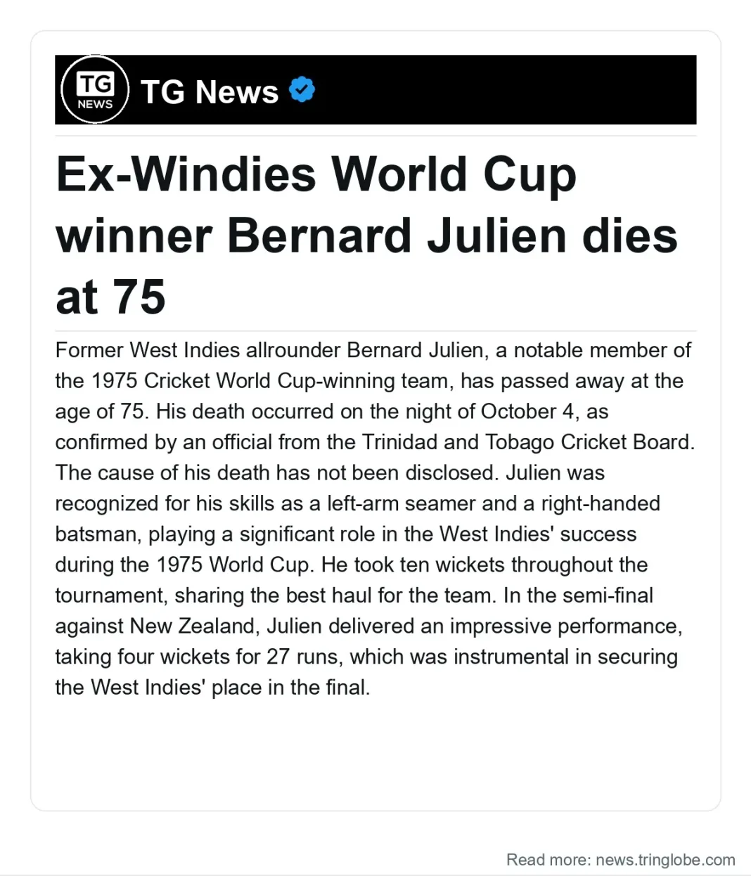 Trinidad and Tobago: Ex-Windies World Cup winner Bernard Julien dies at 75