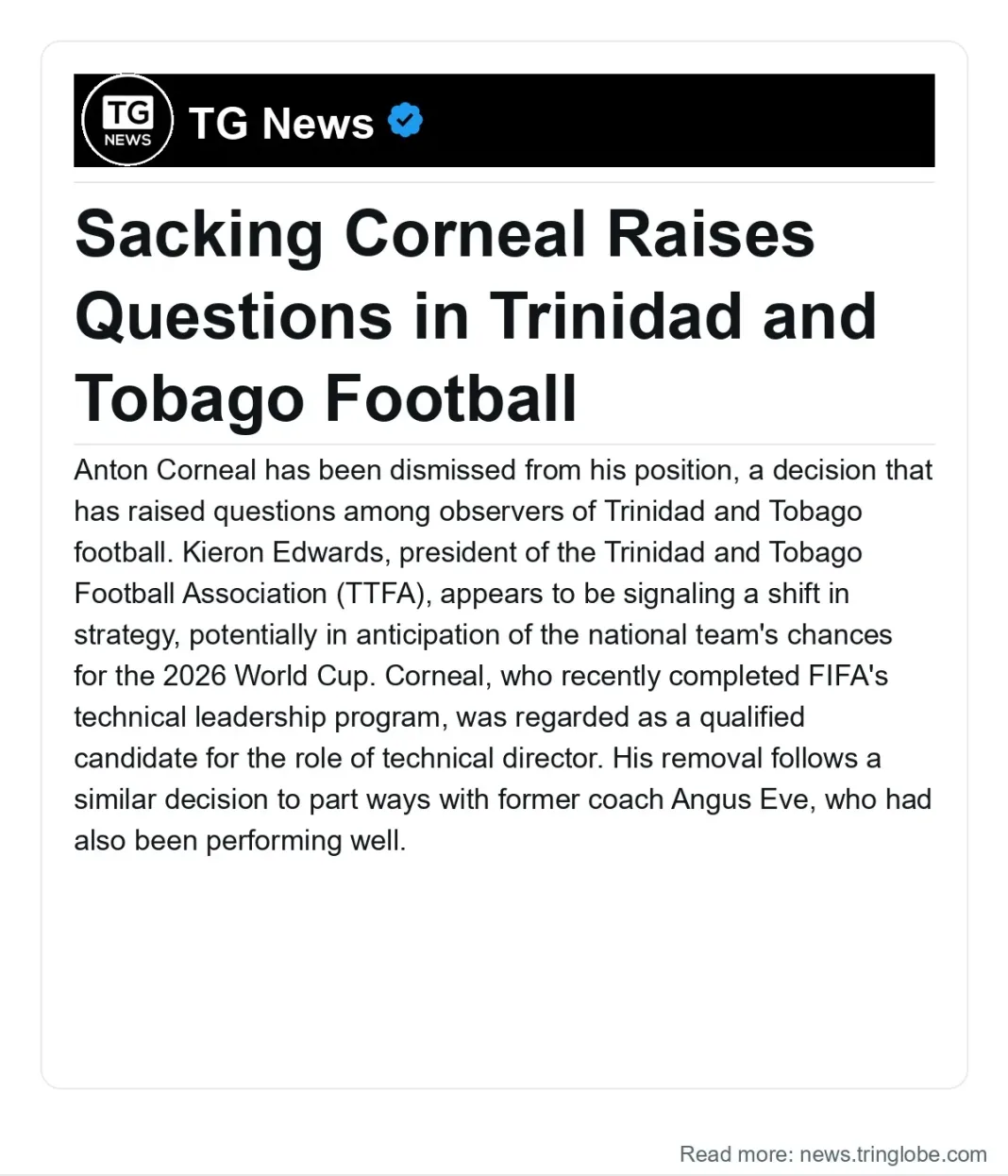 Trinidad and Tobago: Sacking Corneal Raises Questions in Trinidad and Tobago Football