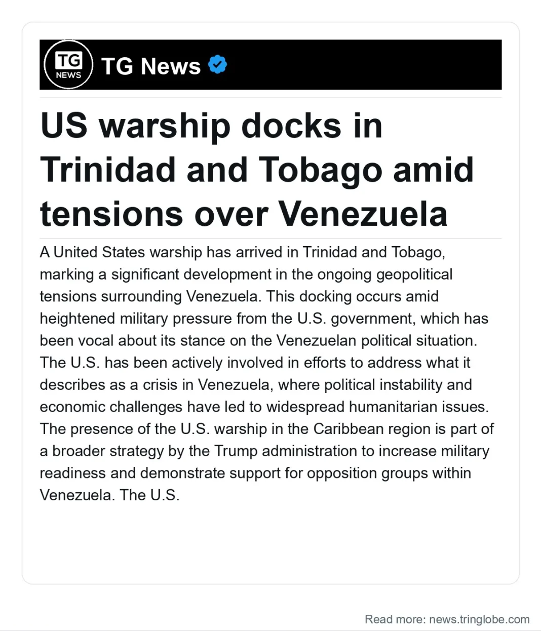 Venezuela: US warship docks in Trinidad and Tobago amid tensions over Venezuela