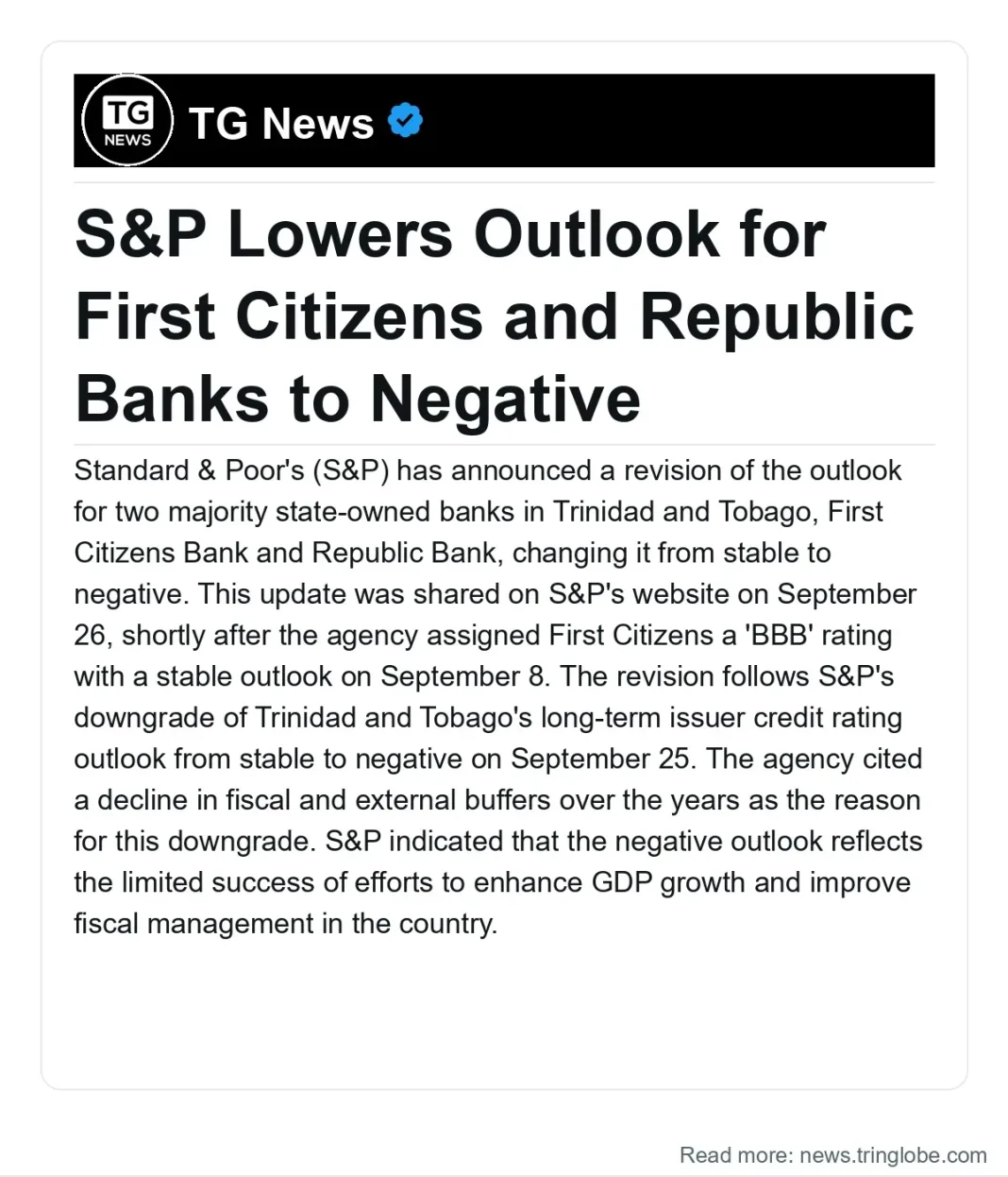 Trinidad and Tobago: S&P Lowers Outlook for First Citizens and Republic Banks to Negative