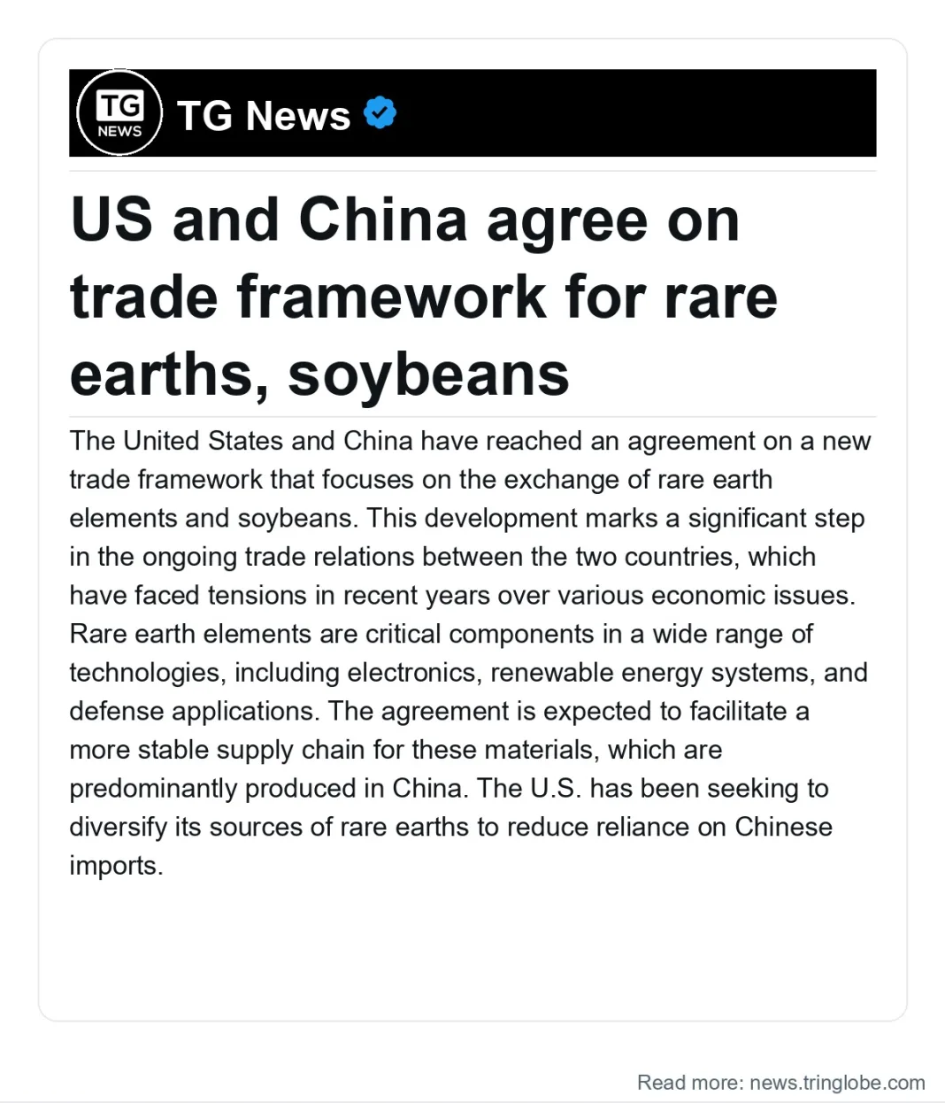 Venezuela: US and China agree on trade framework for rare earths, soybeans