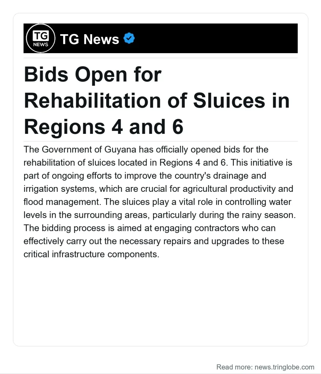 Guyana: Bids Open for Rehabilitation of Sluices in Regions 4 and 6