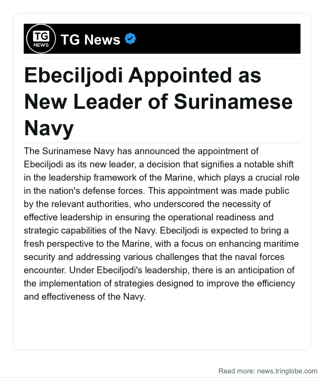 Suriname: Ebeciljodi Appointed as New Leader of Surinamese Navy