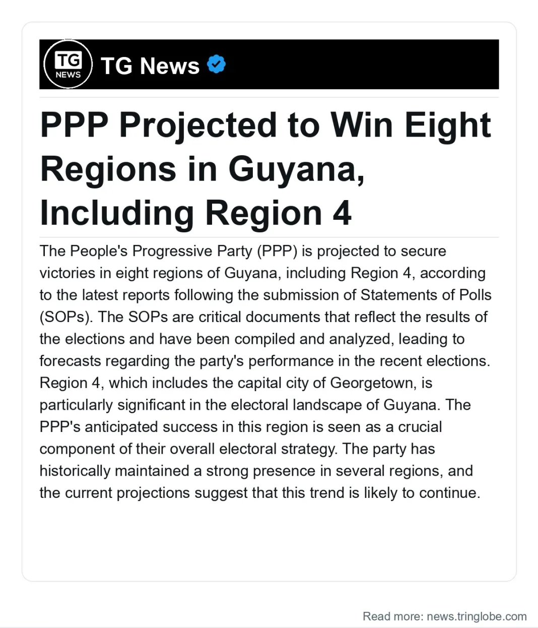 Guyana: PPP Projected to Win Eight Regions in Guyana, Including Region 4