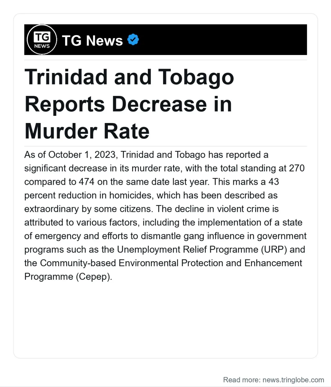 Trinidad and Tobago: Trinidad and Tobago Reports Decrease in Murder Rate