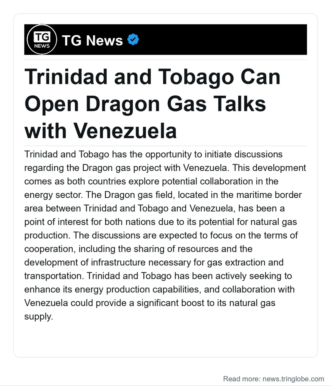 Trinidad and Tobago: Trinidad and Tobago Can Open Dragon Gas Talks with Venezuela
