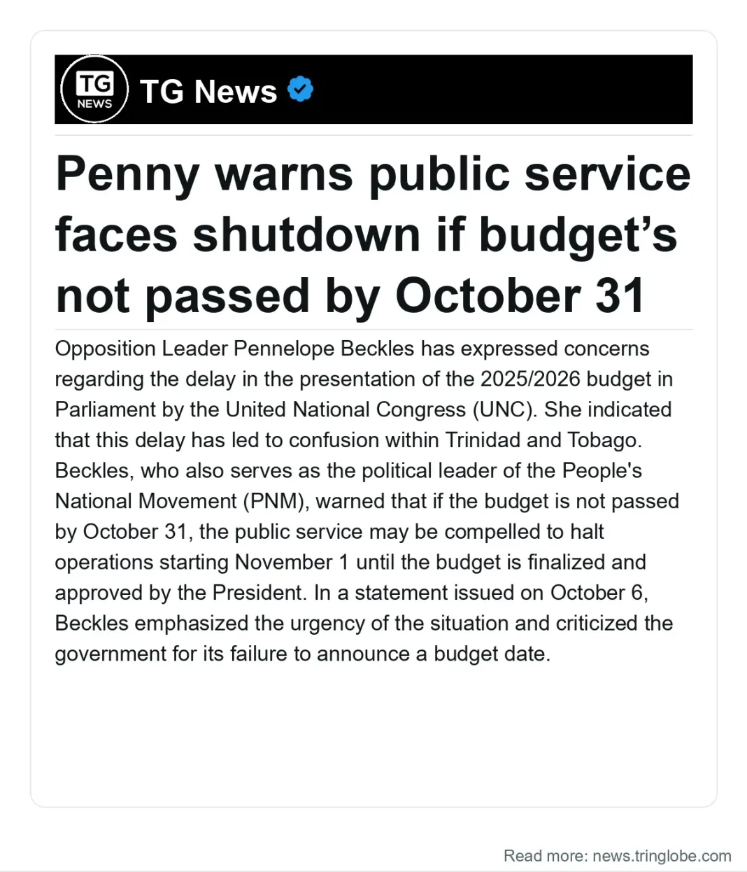 Trinidad and Tobago: Penny warns public service faces shutdown if budget’s not passed by October 31