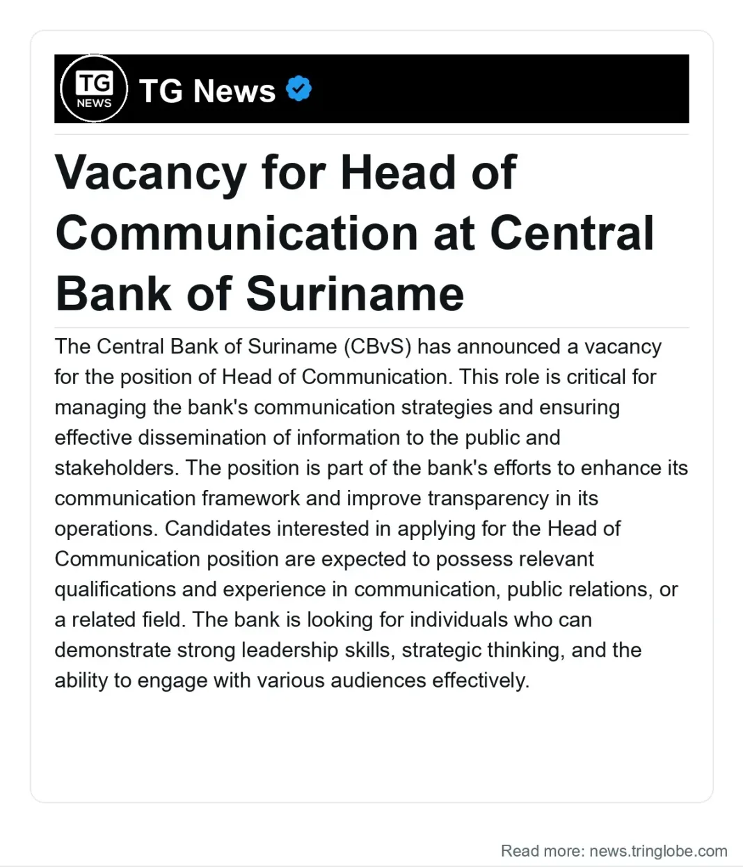 Suriname: Vacancy for Head of Communication at Central Bank of Suriname