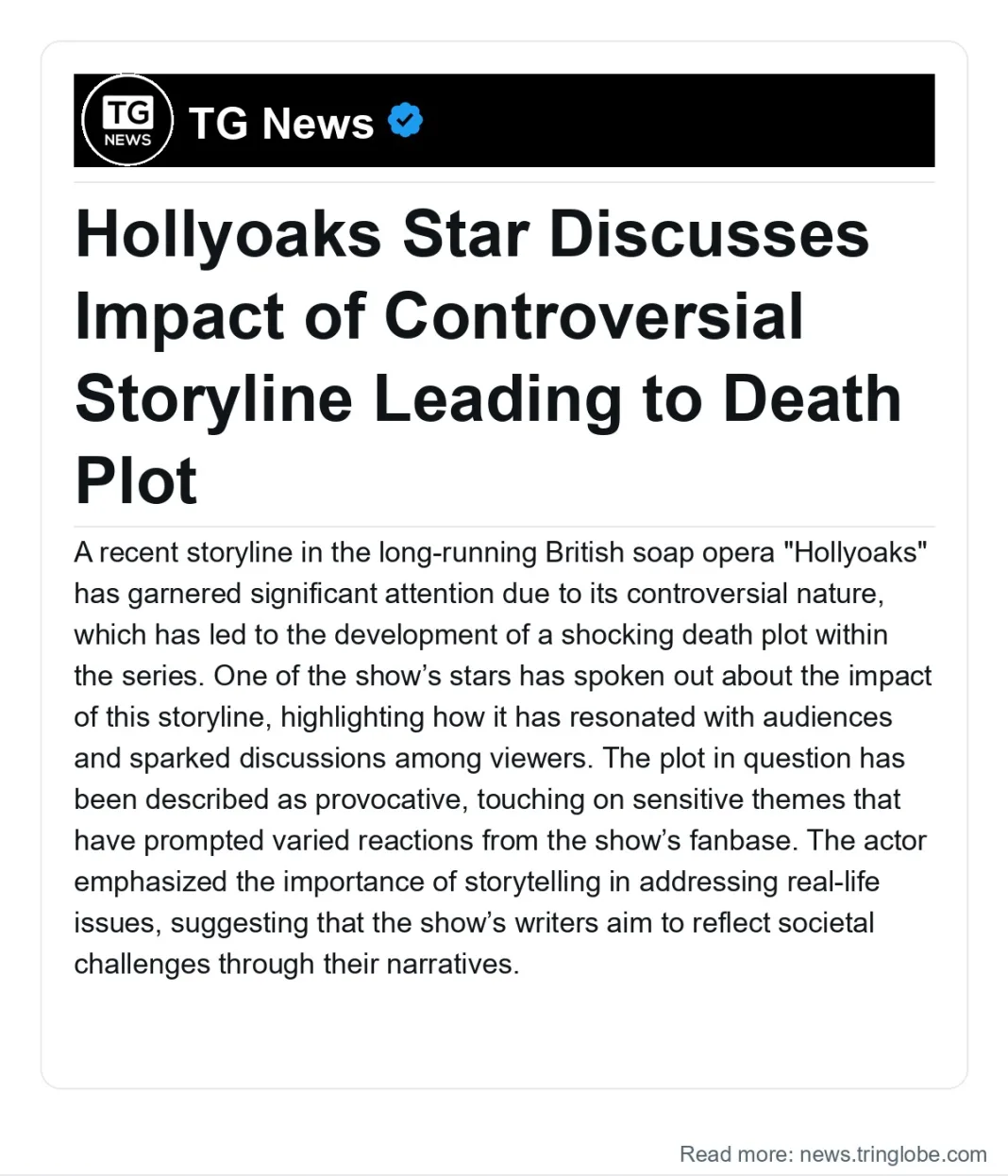 United Kingdom: Hollyoaks Star Discusses Impact of Controversial Storyline Leading to Death Plot