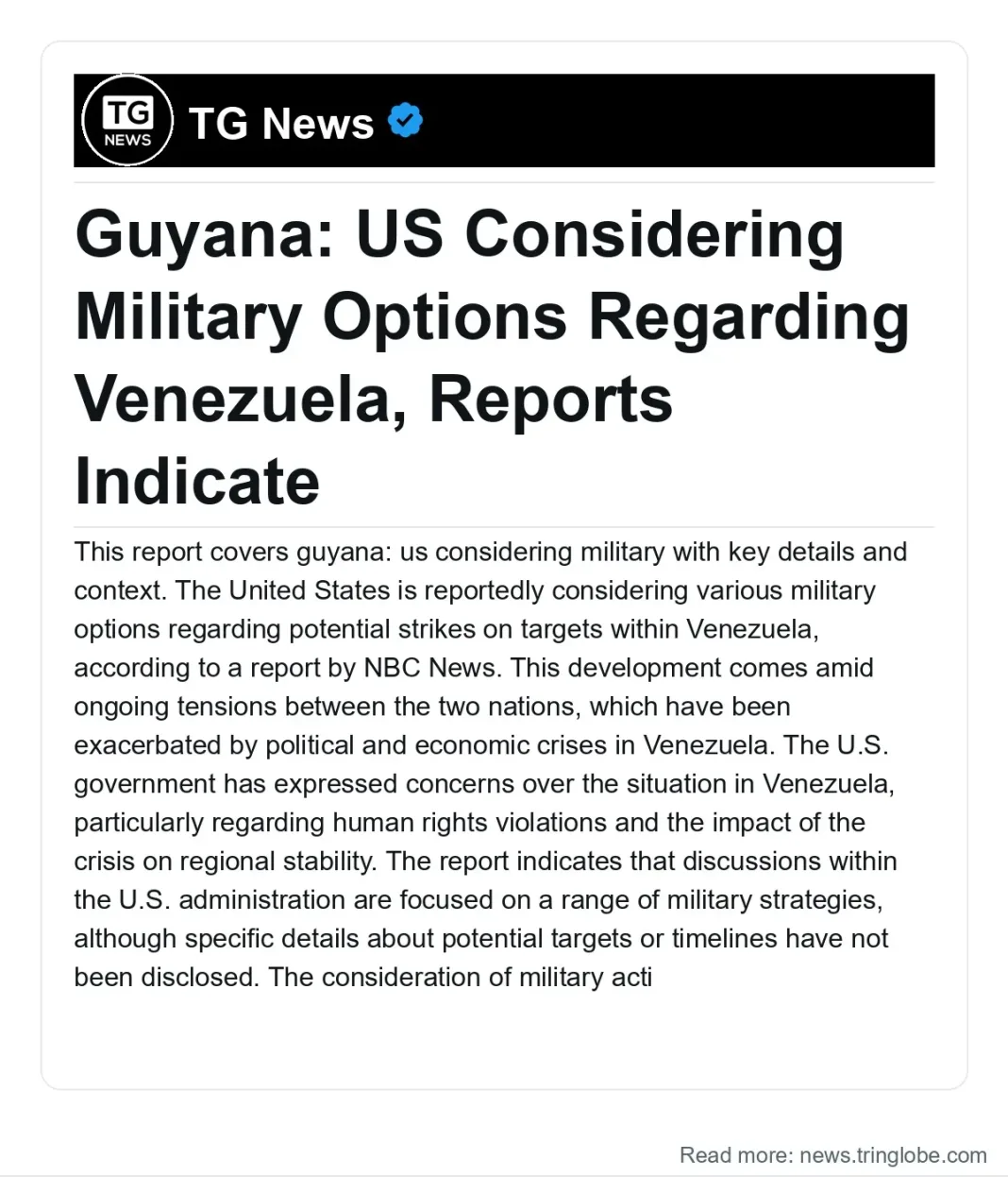 Guyana: US Considering Military Options Regarding Venezuela, Reports Indicate