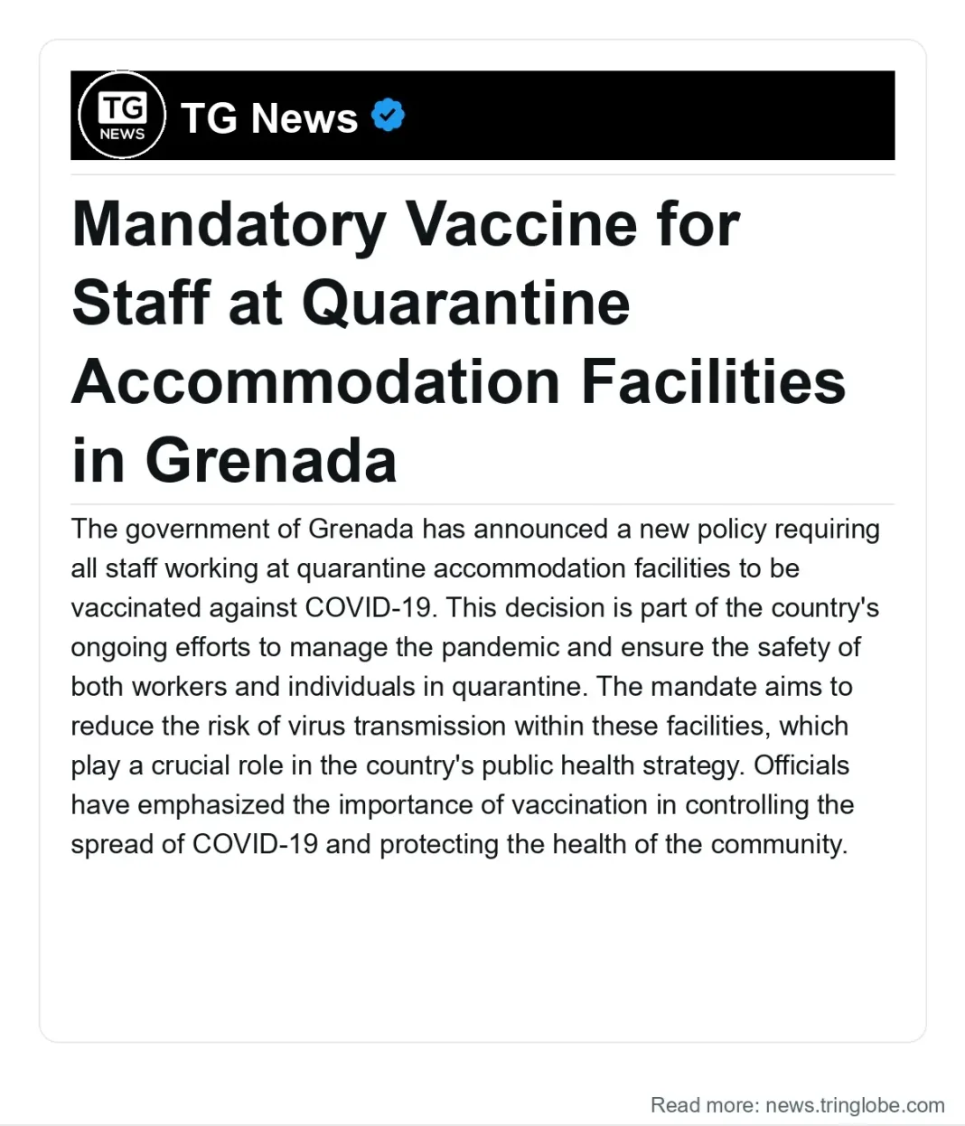 Grenada: Mandatory Vaccine for Staff at Quarantine Accommodation Facilities in Grenada