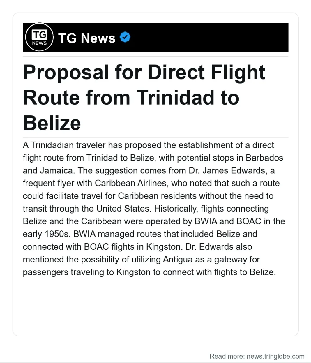 Trinidad and Tobago: Proposal for Direct Flight Route from Trinidad to Belize