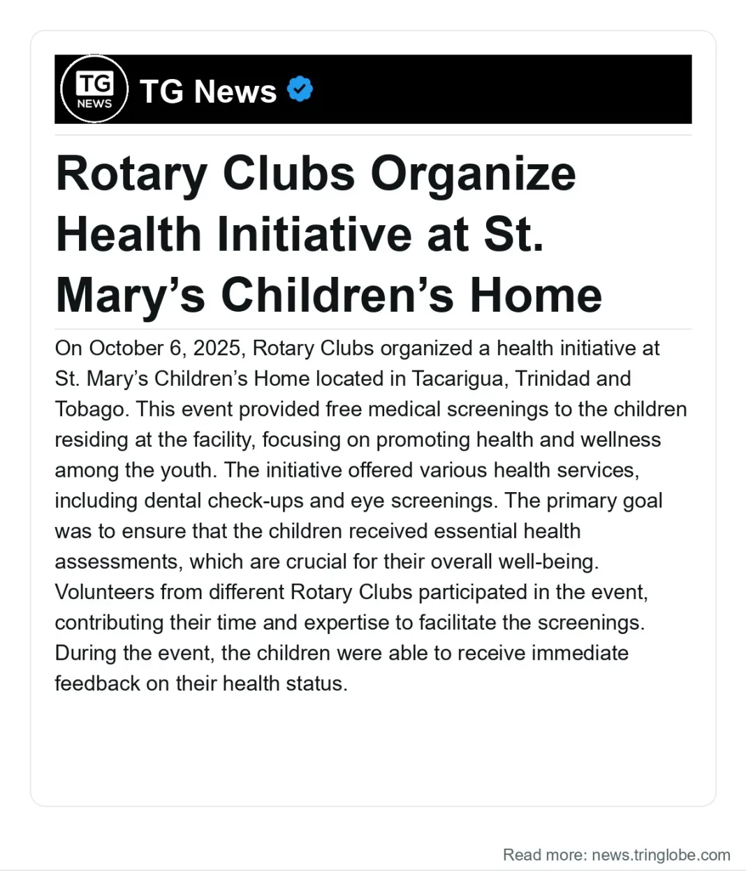 Trinidad and Tobago: Rotary Clubs Organize Health Initiative at St. Mary’s Children’s Home