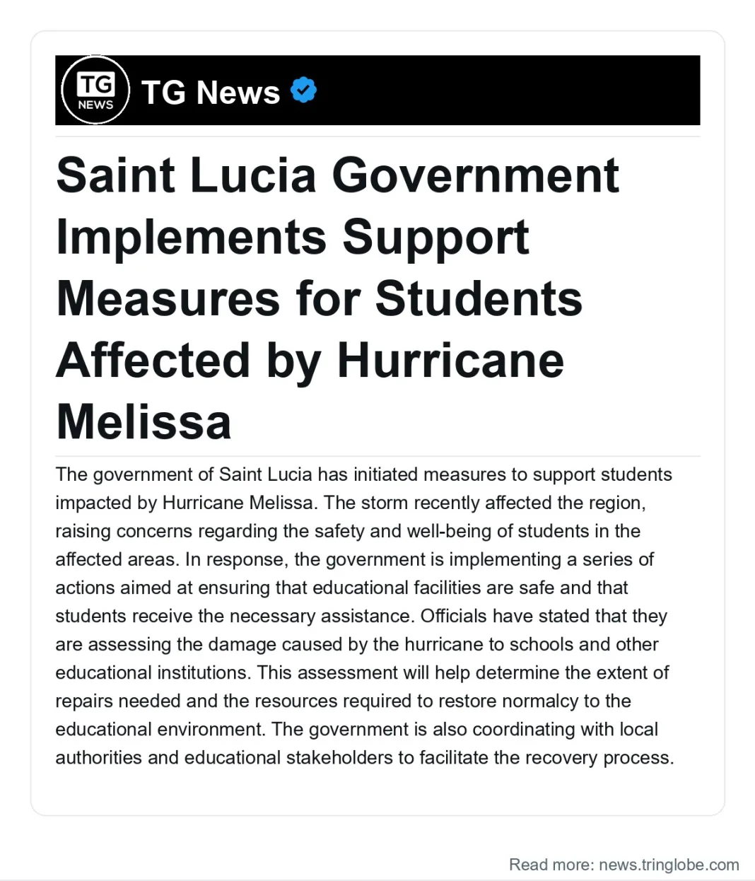 Saint Lucia: Saint Lucia Government Implements Support Measures for Students Affected by Hurricane Melissa