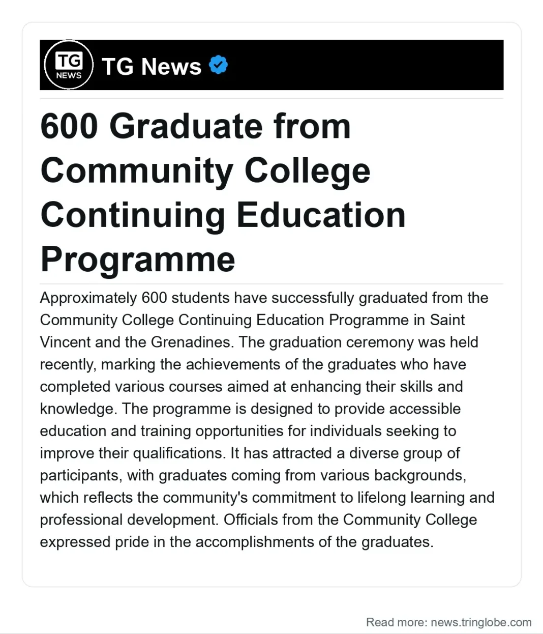 Saint Vincent and the Grenadines: 600 Graduate from Community College Continuing Education Programme