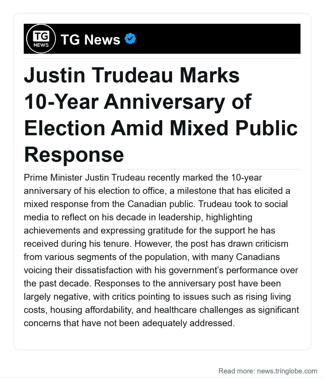 Canada: Justin Trudeau Marks 10-Year Anniversary of Election Amid Mixed Public Response