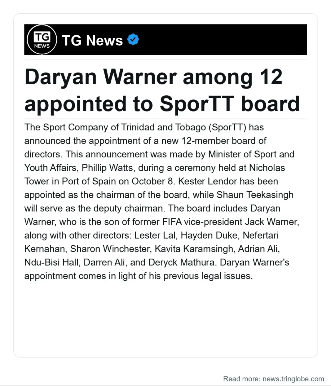 Trinidad and Tobago: Daryan Warner among 12 appointed to SporTT board