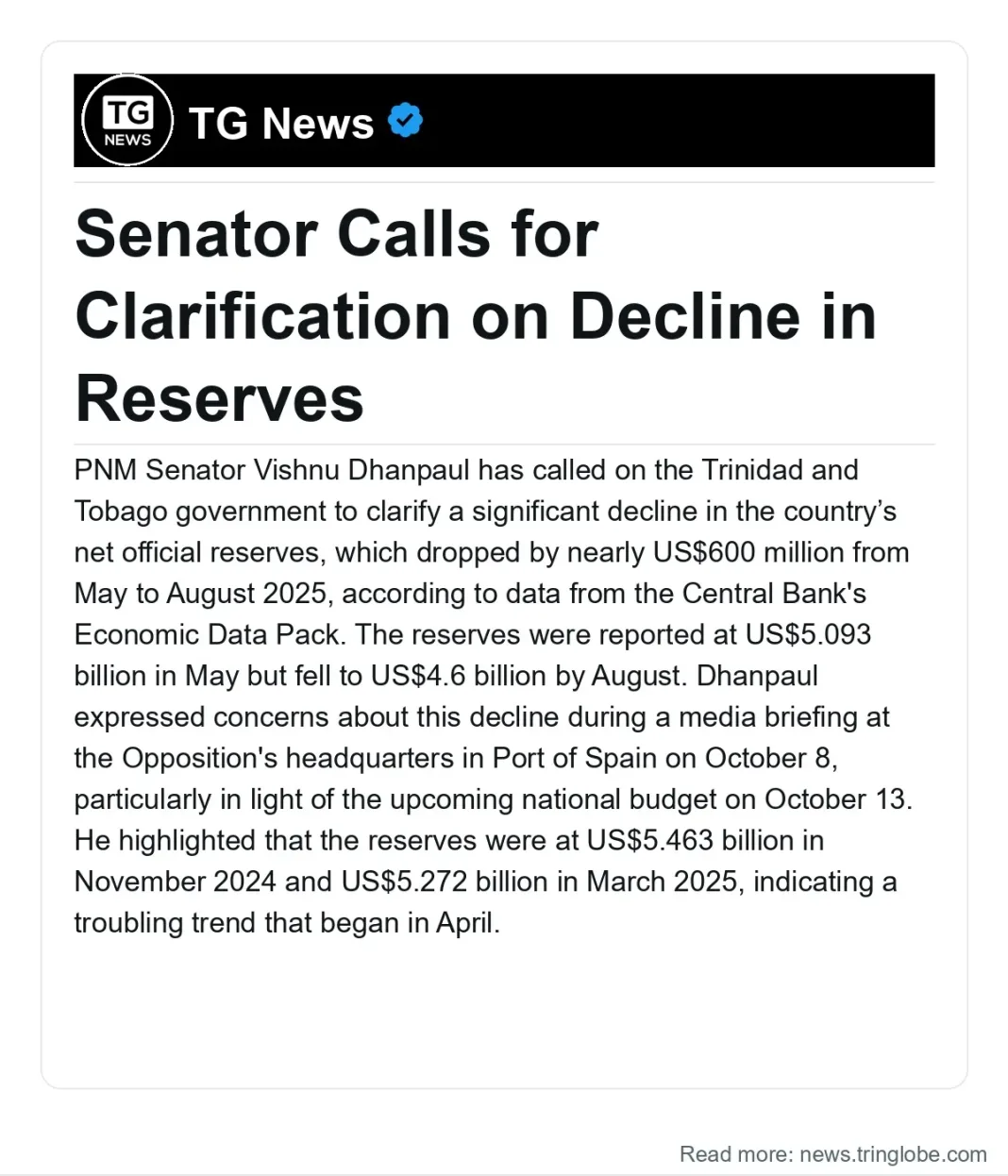 Trinidad and Tobago: Senator Calls for Clarification on Decline in Reserves