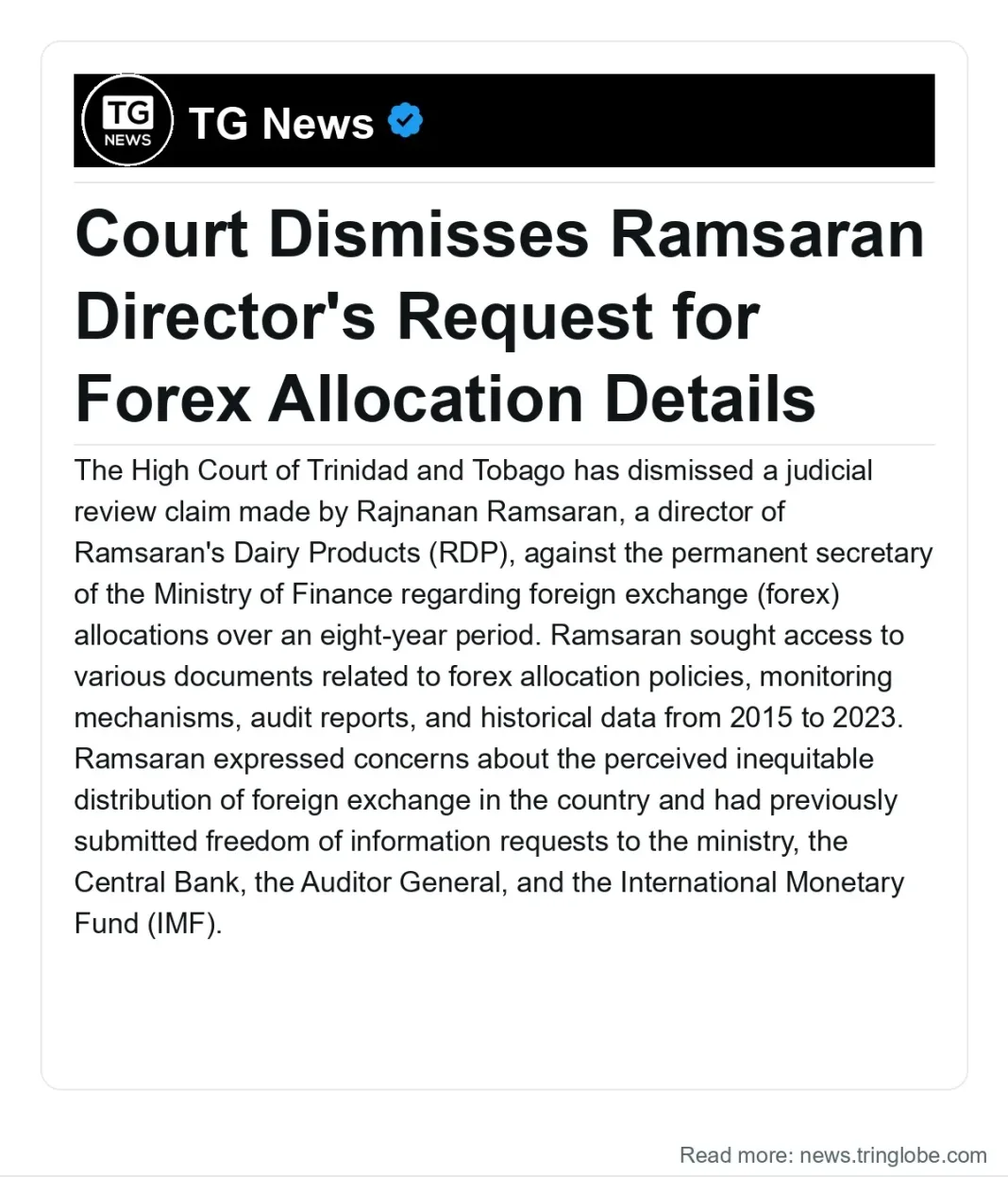 Trinidad and Tobago: Court Dismisses Ramsaran Director’s Request for Forex Allocation Details