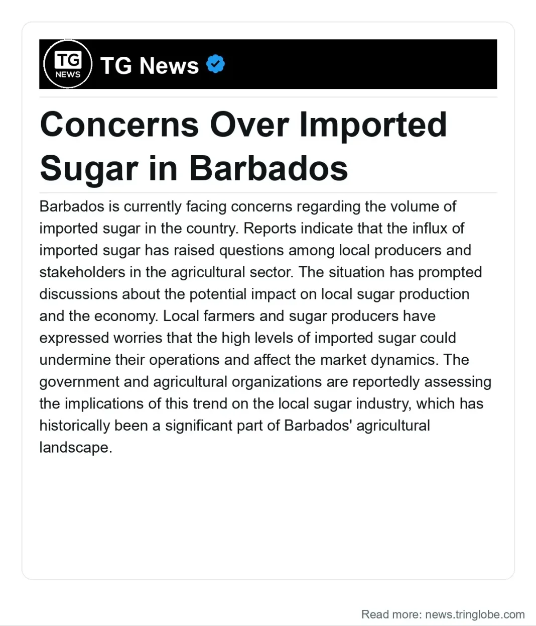 Barbados: Concerns Over Imported Sugar in Barbados