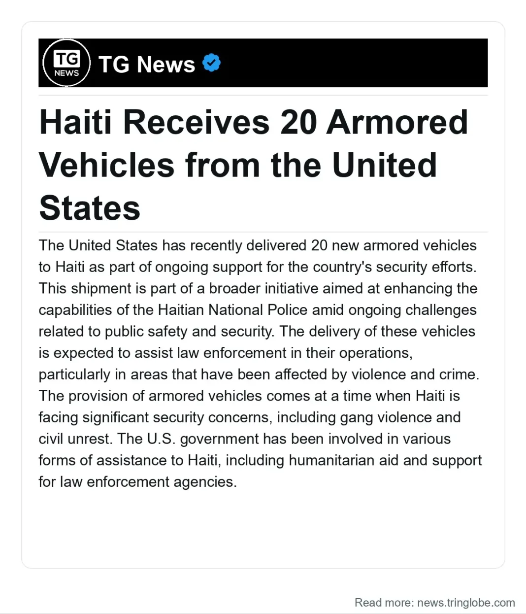 Haiti: Haiti Receives 20 Armored Vehicles from the United States