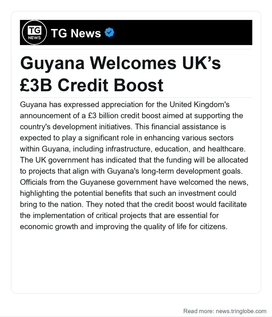 Guyana: Guyana Welcomes UK’s £3B Credit Boost