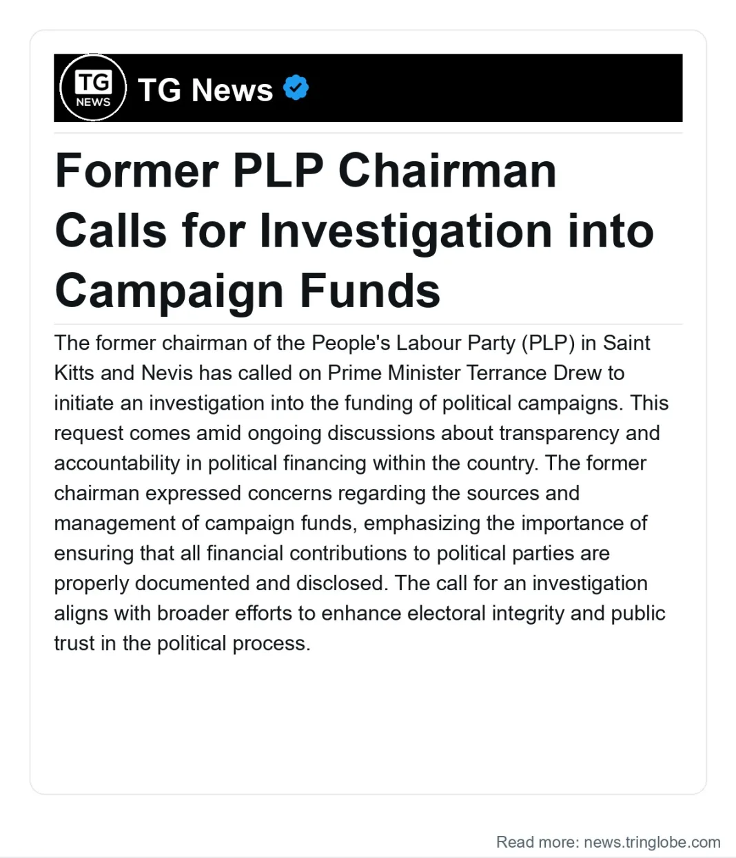 Saint Kitts and Nevis: Former PLP Chairman Calls for Investigation into Campaign Funds