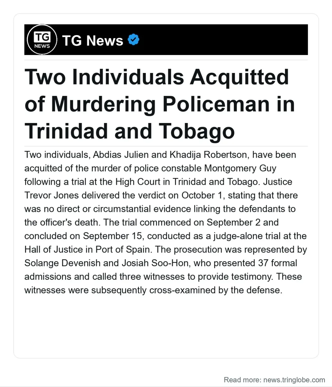 Trinidad and Tobago: Two Individuals Acquitted of Murdering Policeman in Trinidad and Tobago