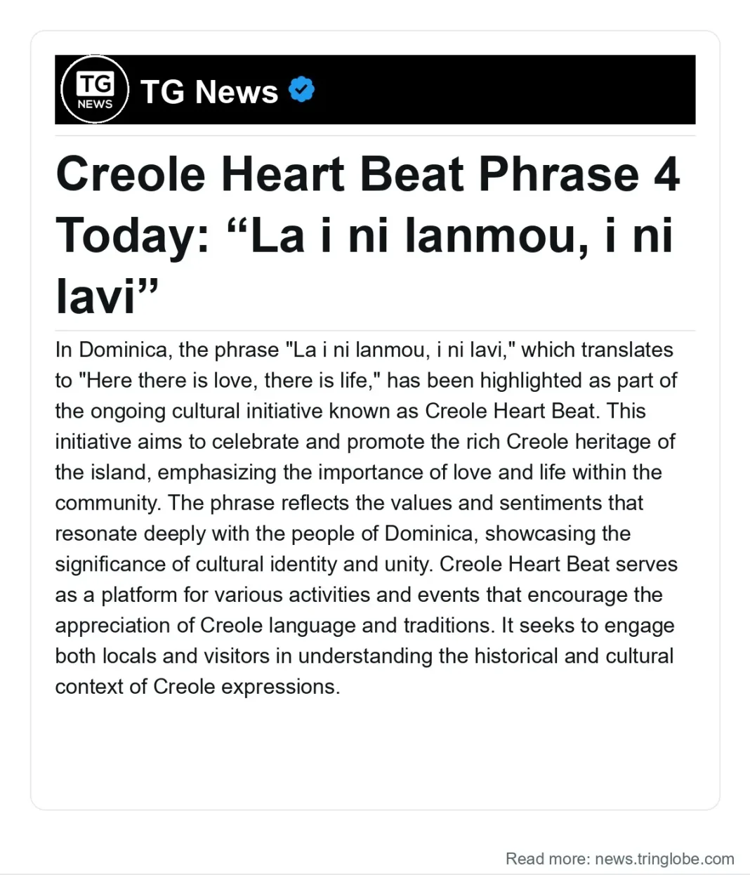Dominica: Creole Heart Beat Phrase 4 Today: “La i ni lanmou, i ni lavi”