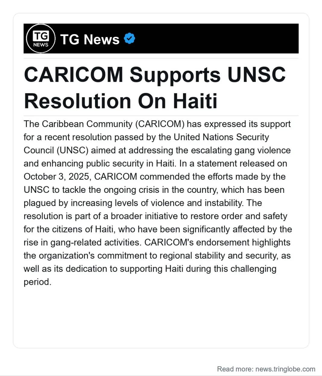 Trinidad and Tobago: CARICOM Supports UNSC Resolution On Haiti