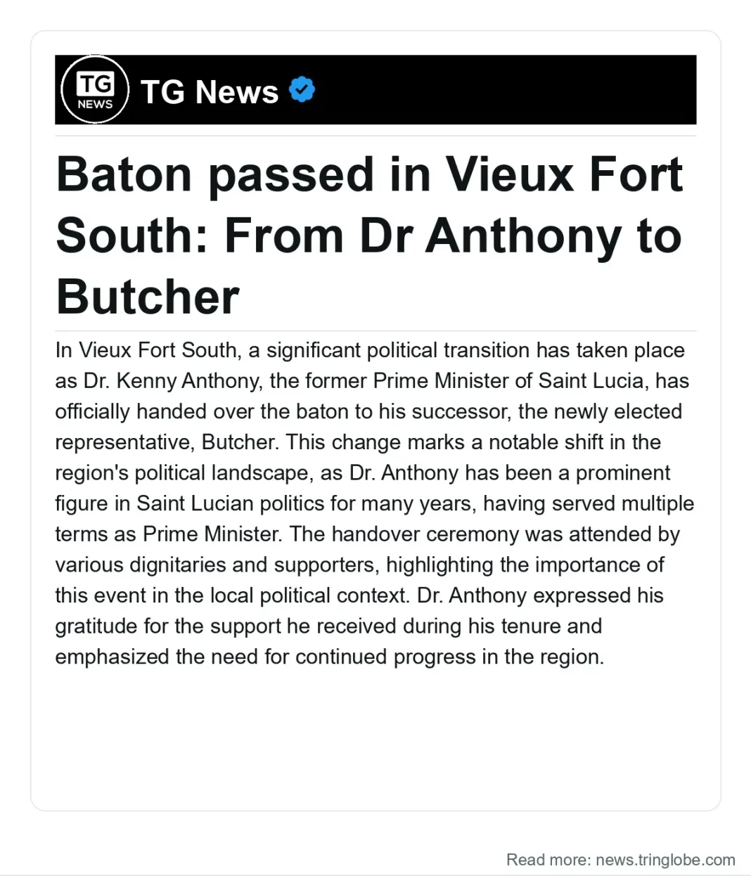 Saint Lucia: Baton passed in Vieux Fort South: From Dr Anthony to Butcher