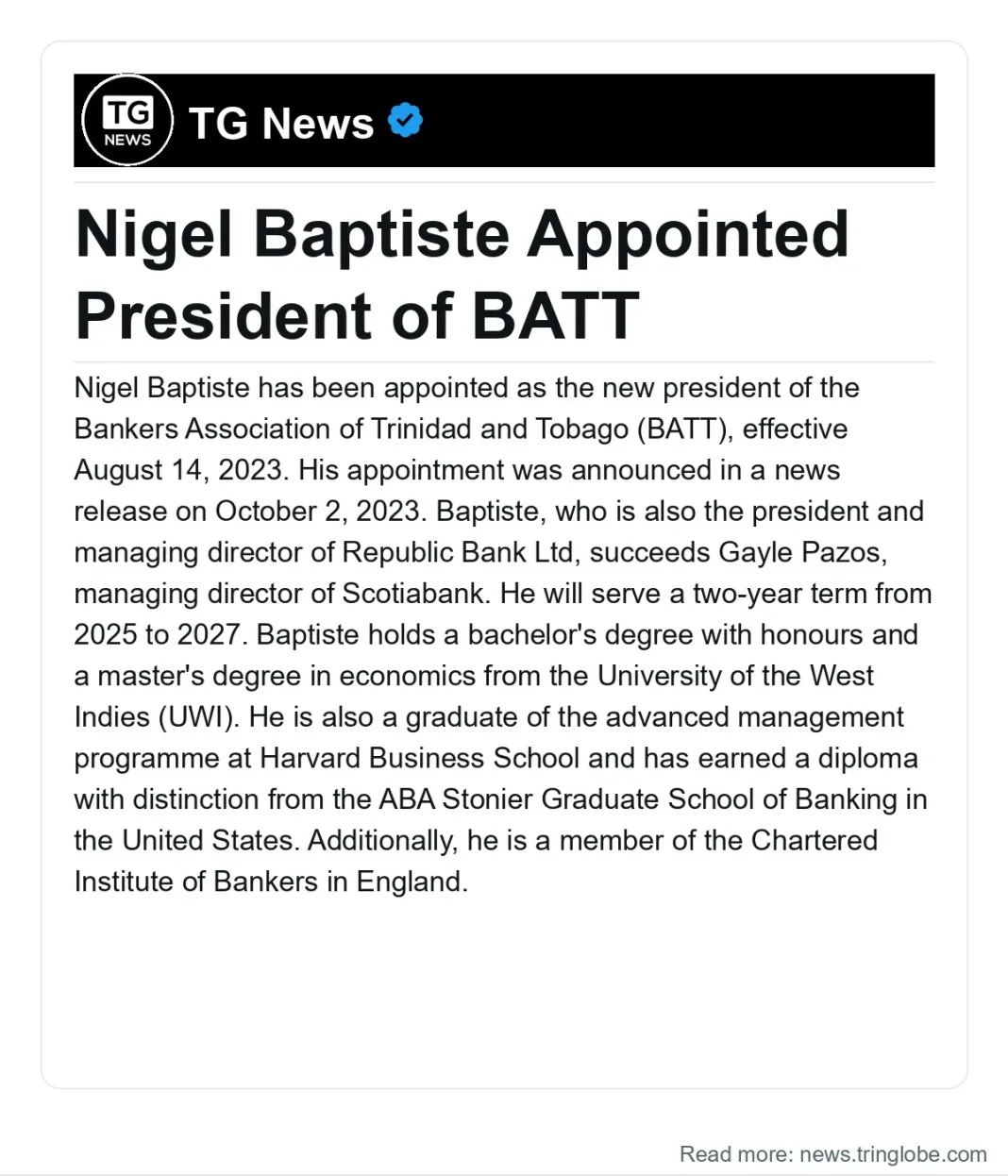 Trinidad and Tobago: Nigel Baptiste Appointed President of BATT
