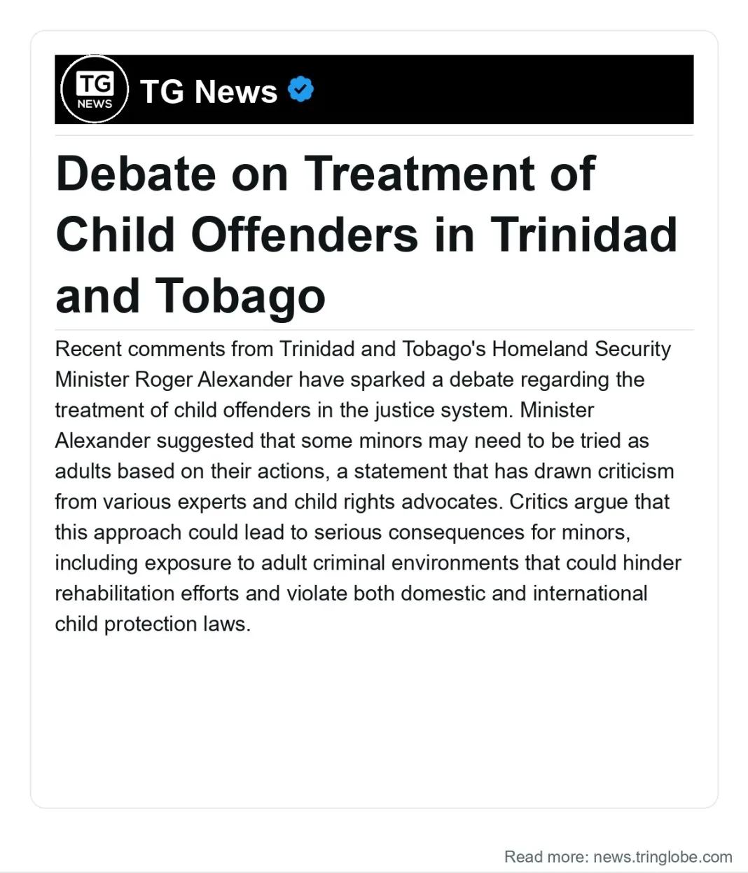 Trinidad and Tobago: Debate on Treatment of Child Offenders in Trinidad and Tobago