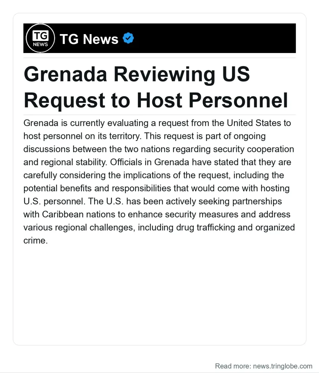 Trinidad and Tobago: Grenada Reviewing US Request to Host Personnel