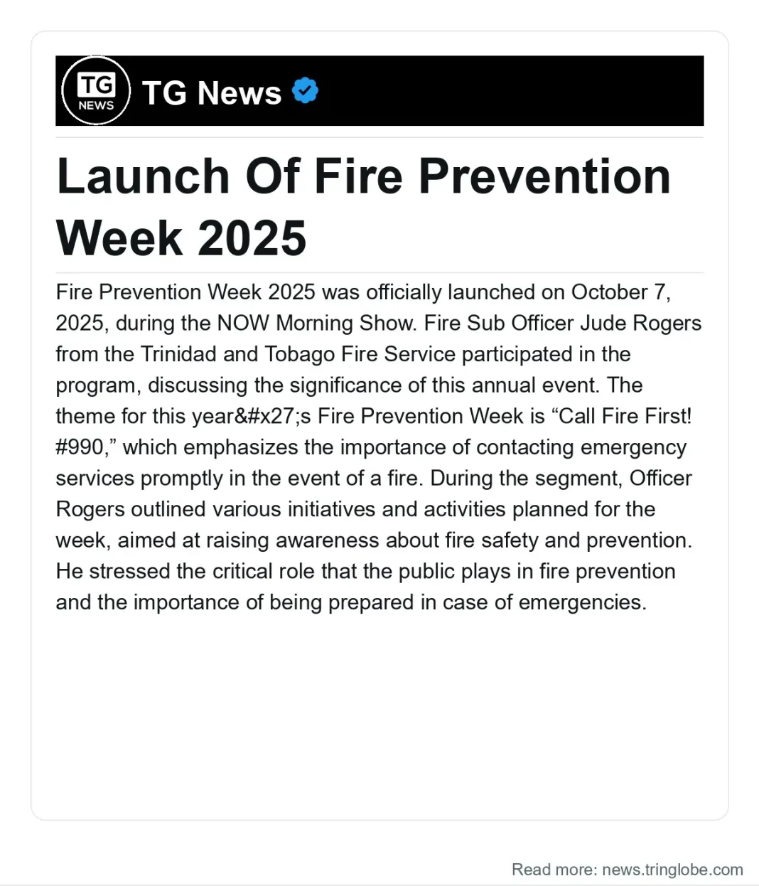 Trinidad and Tobago: Launch Of Fire Prevention Week 2025