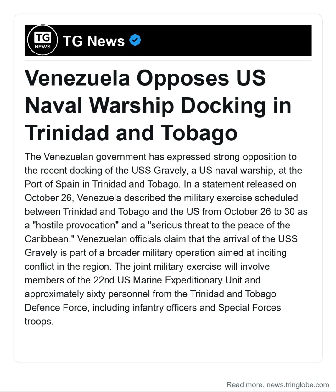 Trinidad and Tobago: Venezuela Opposes US Naval Warship Docking in Trinidad and Tobago