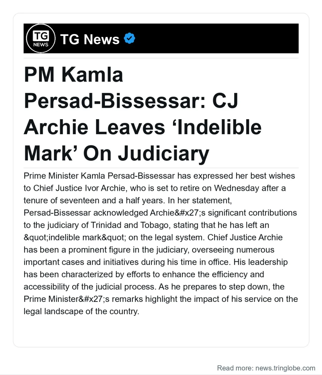 Trinidad and Tobago: PM Kamla Persad-Bissessar: CJ Archie Leaves ‘Indelible Mark’ On Judiciary