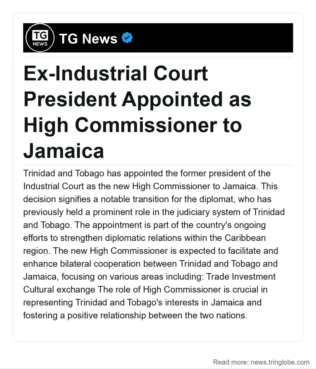Trinidad and Tobago: Ex-Industrial Court President Appointed as High Commissioner to Jamaica