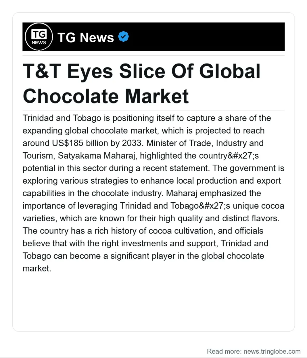 Trinidad and Tobago: T&T Eyes Slice Of Global Chocolate Market