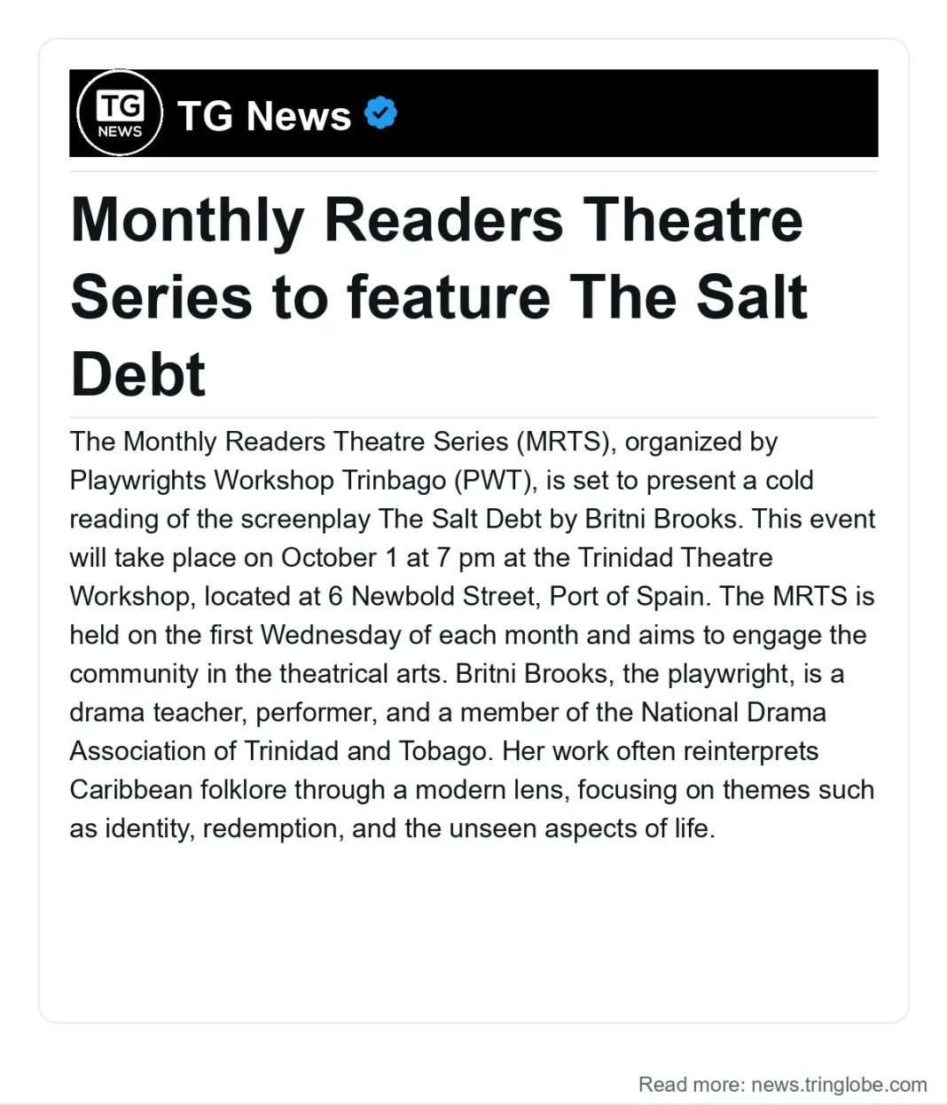 Trinidad and Tobago: Monthly Readers Theatre Series to feature The Salt Debt