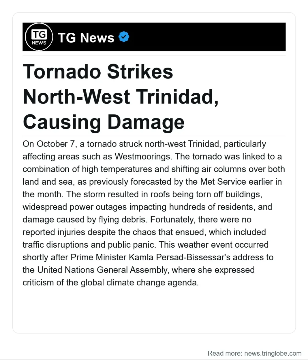 Trinidad and Tobago: Tornado Strikes North-West Trinidad, Causing Damage