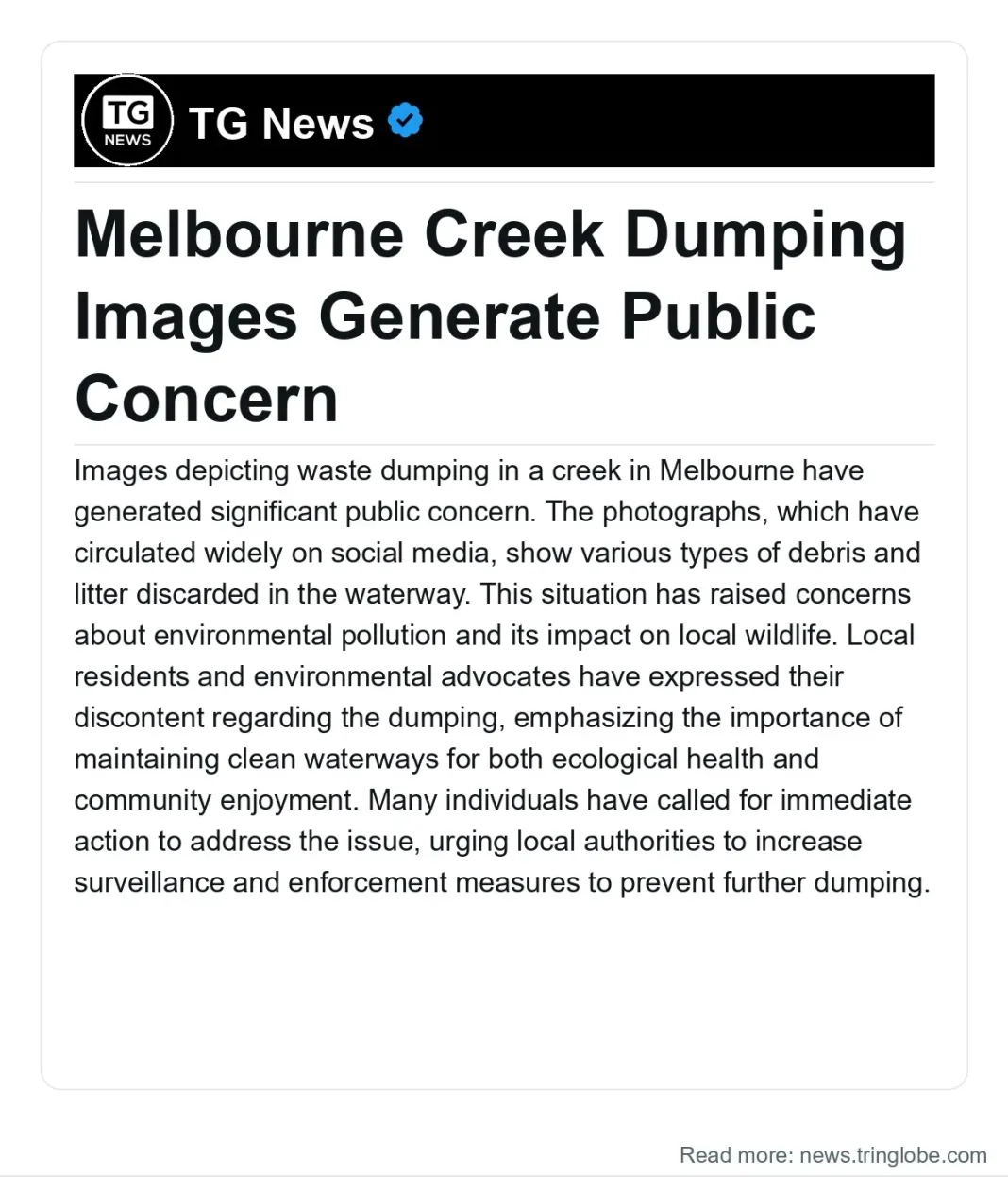 Australia: Melbourne Creek Dumping Images Generate Public Concern